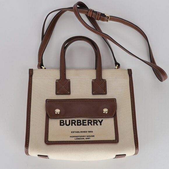 Burberry Smooth Calfskin Canvas Horseferry Print Mini Towner Bag Natural Tan - Picture 1 of 11
